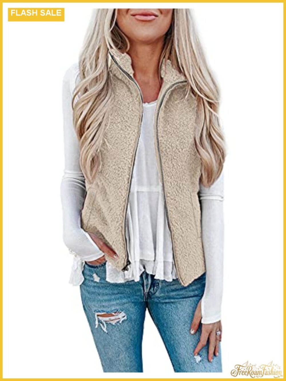 Womens Fuzzy Sherpa Fleece Vest Lightweight Sleeveless Zip Cardigan